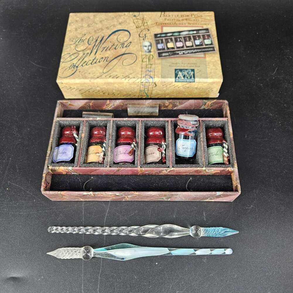 Glass Crystal Dip Pens Set 2 Writing Calligraphy Drawing 6 Inks Box Palette Set
